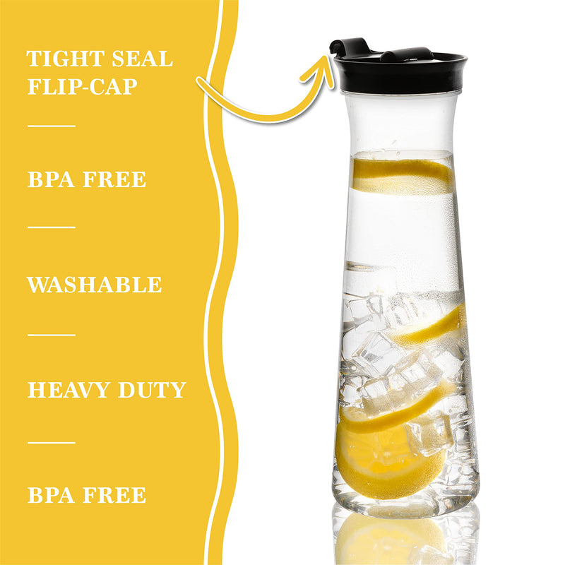 [Australia - AusPower] - Clear Plastic Water Pitchers Carafes with Flip top Black Lids 34 OZ Heavy Duty Beverage Pitcher Jug for Juice or iced Coffee Great for Mimosa bar Restuarants ot Schools Pack of 2 