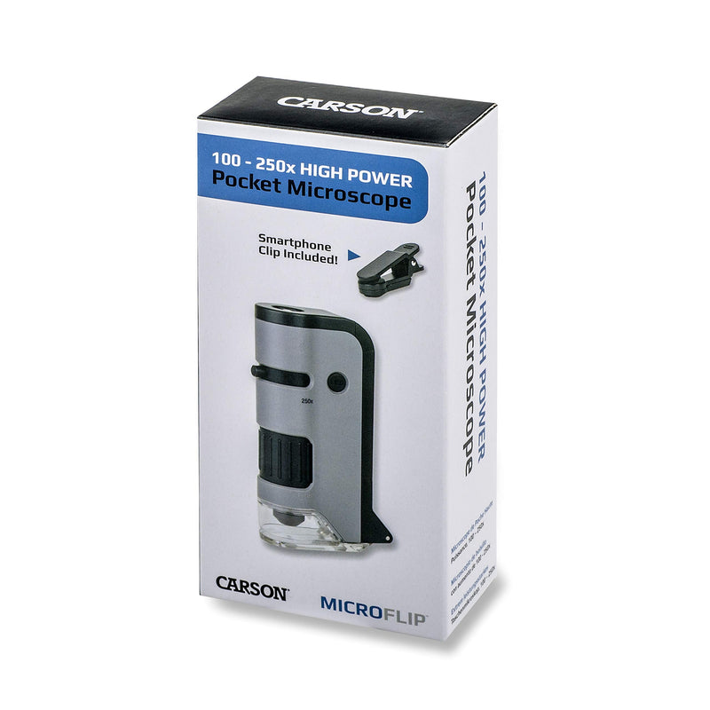 [Australia - AusPower] - Carson MicroFlip 100x-250x LED and UV Lighted Pocket Microscope with Flip Down Slide Base and Smartphone Digiscoping Clip (MP-250) Single Pack 