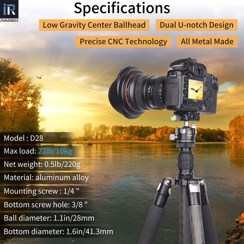 [Australia - AusPower] - INNOREL D28 28mm Low Profile Tripod Ball Head Professional All Metal CNC 360° Panoramic Camera Tripod Head for Monopod,DSLR Cameras,Camcorder,DV with 1/4" Arca Swiss Quick Release Plate Load 22lb/10kg 28mm Dia. 