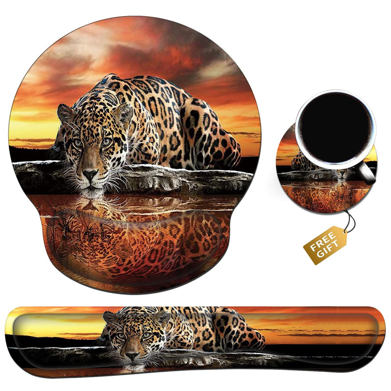 [Australia - AusPower] - Ergonomic Mouse Pad Wrist Support & Keyboard Wrist Rest Set (with Coaster), Memory Foam Gel Keyboard Moue Pads Combo for Easy Typing Pain Relief Computer Laptop Office-Leopard Drinking Leopard Drinking 