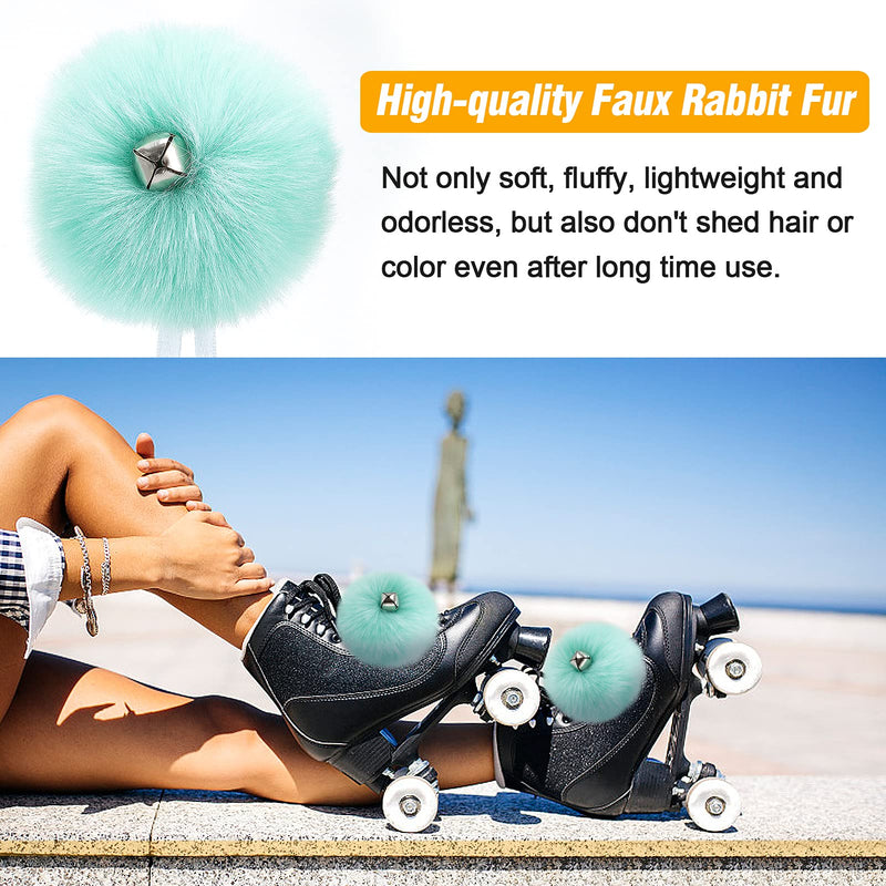 [Australia - AusPower] - 12 Pieces Roller Skate Pom Poms with Jingle Bells - 3.1" Fluffy Tie-on Roller Skate Pom Poms Fuzzy Faux Rabbit Fur Pom Poms Pompom Balls for Women Girls Quad Roller Skate Decoration (6 Styles) 