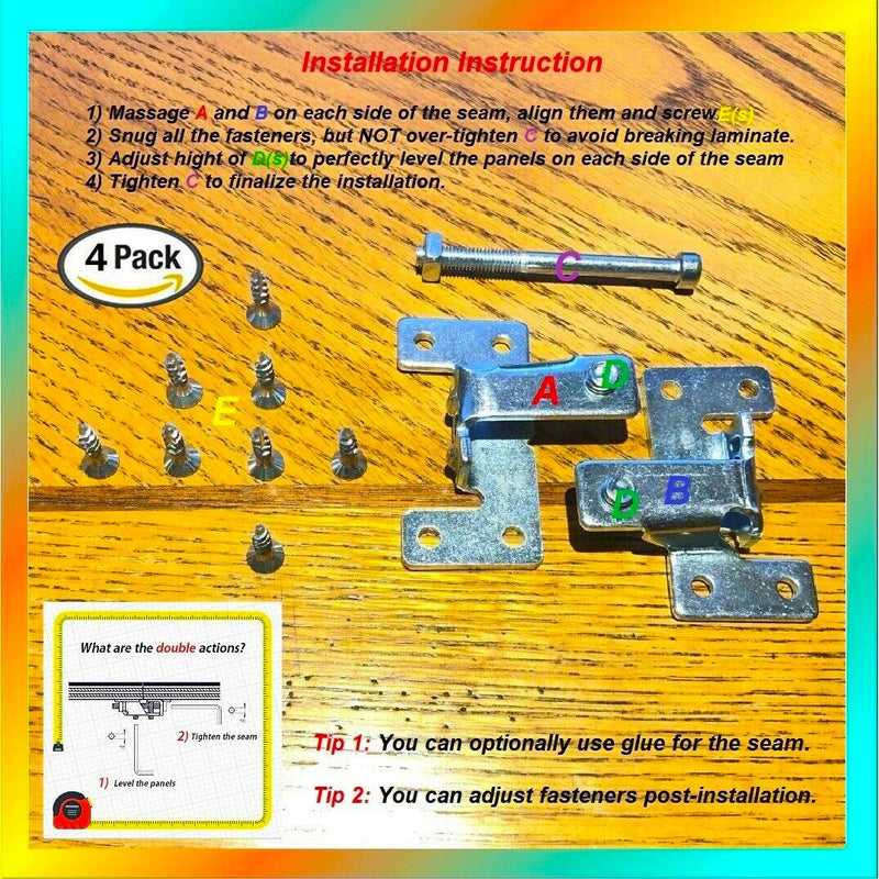 [Australia - AusPower] - Countertop Joint Fasteners Double Action - 4-Pack, Joint Fastener for Counter-top Table-top Connector Hardware, Miter Draw Bolt Joint Seam Connector Kit, Fully Adjustable After Installation or Repair 