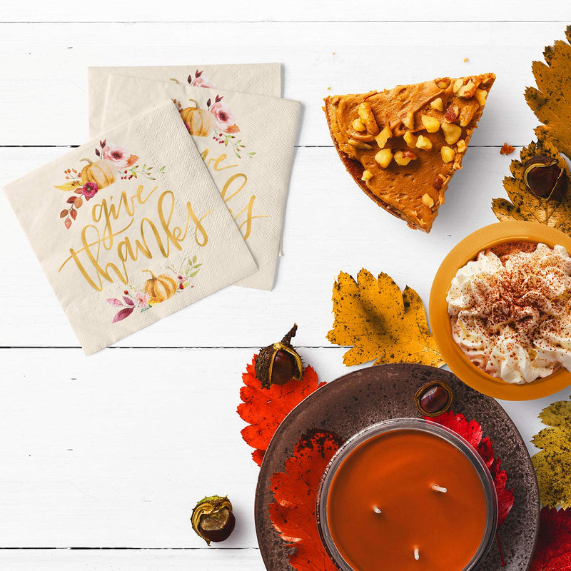 [Australia - AusPower] - xo, Fetti Thanksgiving Gold Foil Napkins - 50 count | Give Thanks Decorations, 5 x 5 inches, 3ply, Autumn Leaves, Pumpkins, Fall Table Decor 