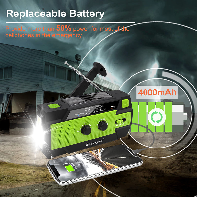 [Australia - AusPower] - 【2022 Newest】RunningSnail Emergency Crank Radio，4000mAh-Solar Hand Crank Portable AM/FM/NOAA Weather Radio with 1W Flashlight&Motion Sensor Reading Lamp，Cell Phone Charger, SOS for Home and Emergency Green 