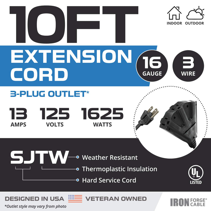 [Australia - AusPower] - 10 Ft Outdoor Extension Cord with 3 Electrical Power Outlets - 16/3 SJTW Durable Black Cable 10 Foot 