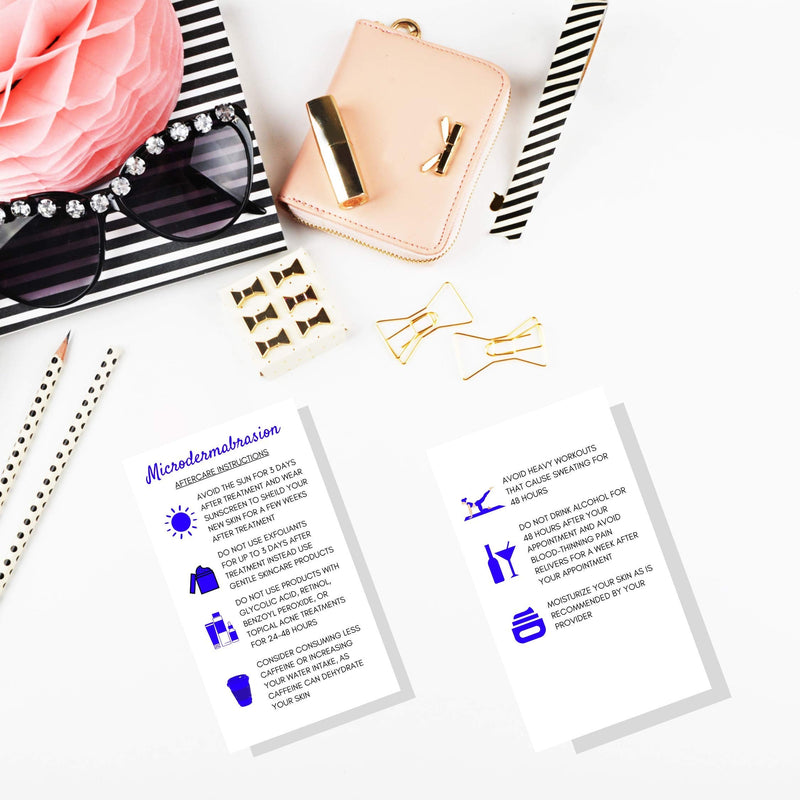 [Australia - AusPower] - Microdermabrasion Aftercare Cards | 50 Pack | Size 2 x 3.5” inches Business Card Size | Microdermabrasion PMU | Aftercare Instructions White with Blue Icons Design 