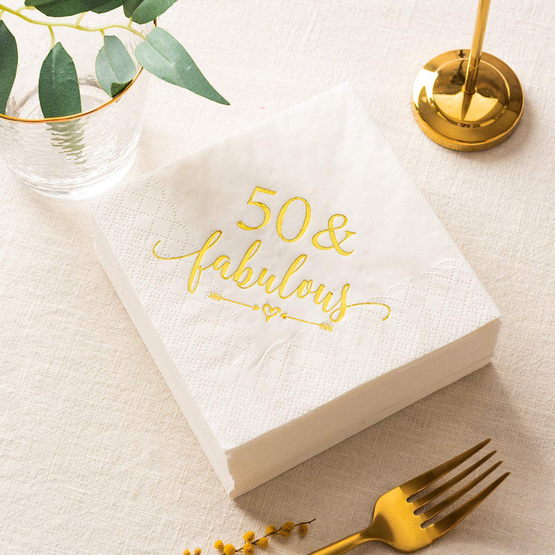 [Australia - AusPower] - Crisky 50 and Fabulous Cocktail Napkins Gold for Women 50th Birthday Decorations, 50th Birthday Bevergae Dessert Table Supplies, 50Pcs, 3-Ply 