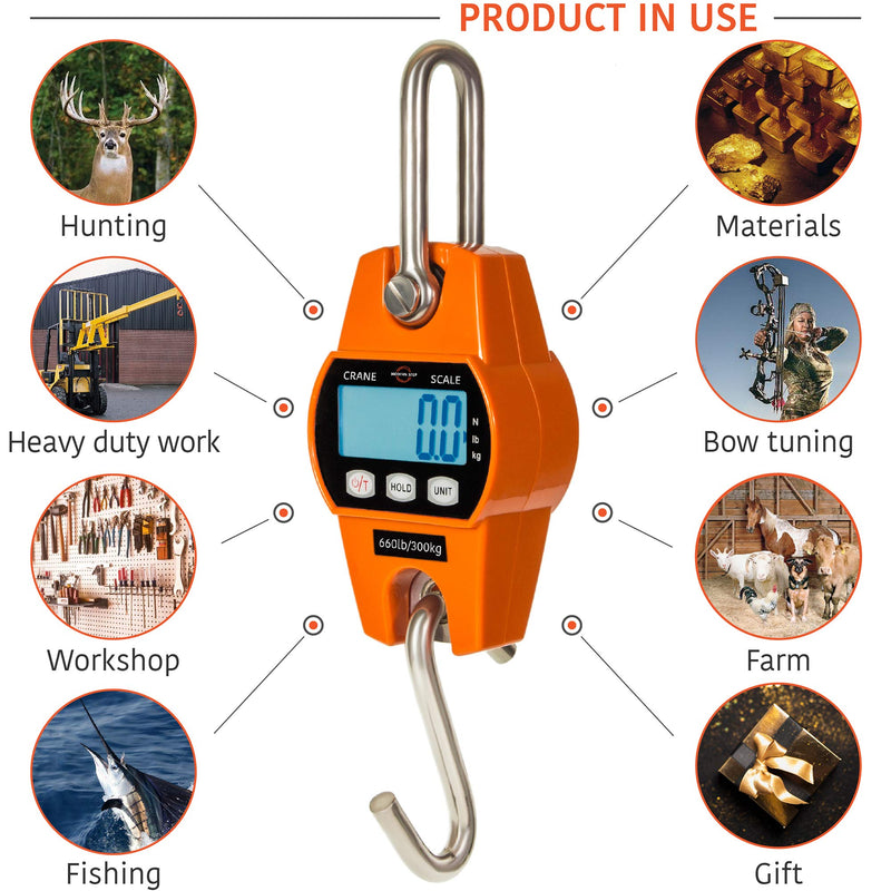 [Australia - AusPower] - Digital Hanging Scale 660Lb 300Kg for Fishing, Hunting, Travel, Luggage, Farm, Heavy Weight with Accurate Sensor - Digital, Crane, Lightweight Case - Hoyer Lift Compatible - Great for weighing suitcase, animals, heavy duty items, game - Gift for dad 