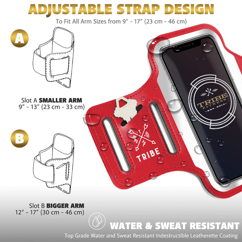 [Australia - AusPower] - TRIBE Running Phone Holder Armband. iPhone & Galaxy Cell Phone Sports Arm Bands for Women, Men, Runners, Jogging, Walking, Exercise & Gym Workout. Fits All Smartphones. Adjustable Strap, CC/Key Pocket S: iPhone Mini/8/7/6/5/4/3/SE/Galaxy Mini Red 