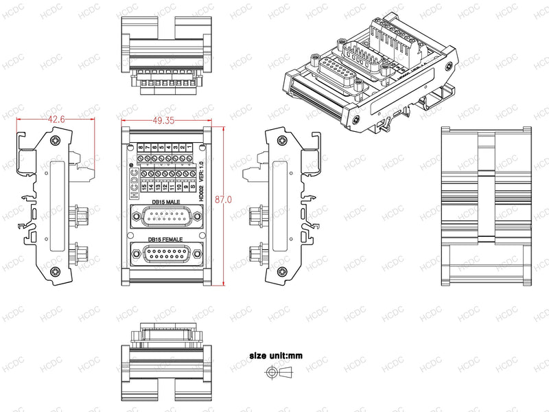 [Australia - AusPower] - DIN Rail Mount D-SUB Male-Female Interface Module Terminal Block Breakout Board (DB15) DB15 