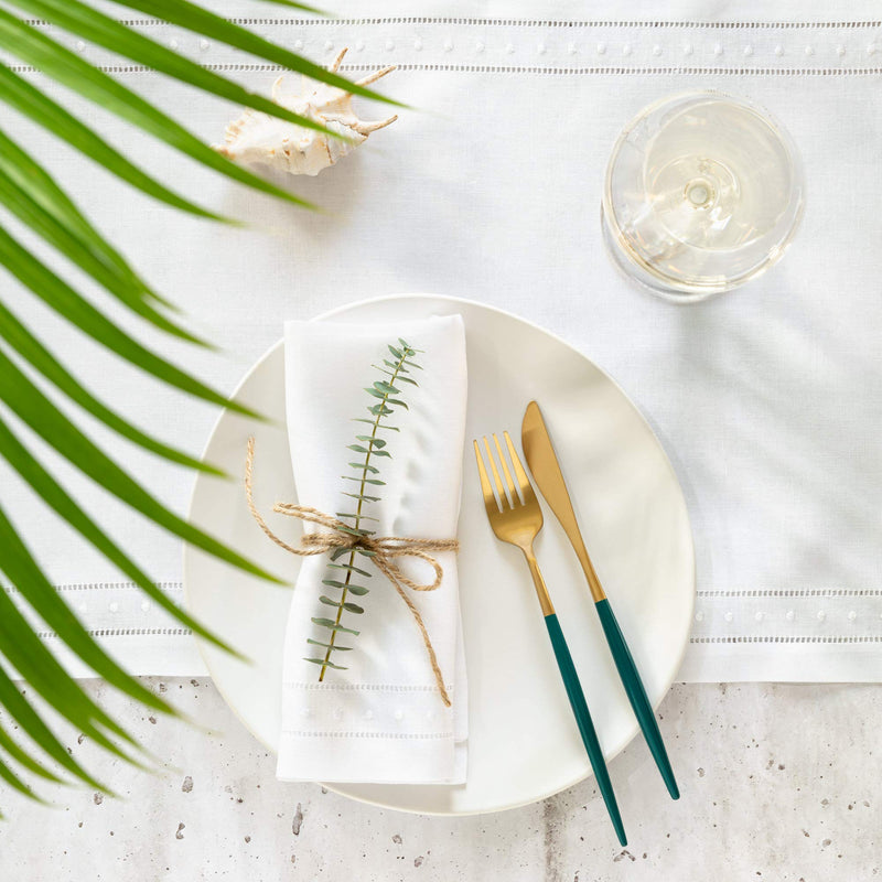 [Australia - AusPower] - O'lucio Home White Linen Napkins - 18 x 18 inch Hemstitched Dinner Napkins Embroidered Swiss Dot - Set of 4 Machine Washable Cloth Napkins, 100% French Flax Linen Natural Fabric 