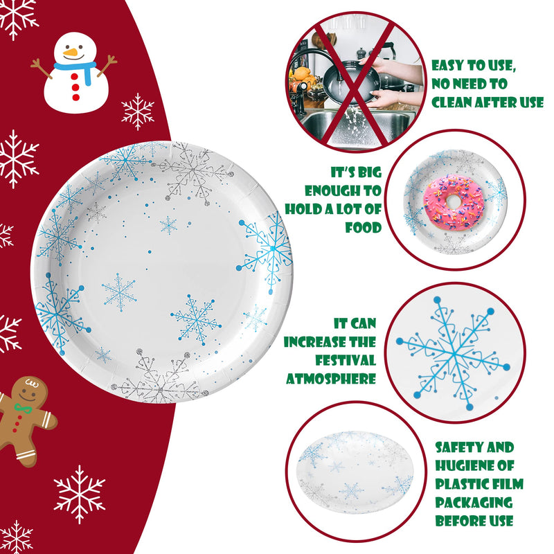 [Australia - AusPower] - Wehhbtye 69PCS Christmas Snowflake Dinnerware Party Supplies-Frozen Winter X’mas Tree Party Decorative Bundle with Paper Plate Napkin Cup Plastic Tablecloth Cover Knife Fork Spoon for Holiday Birthday 