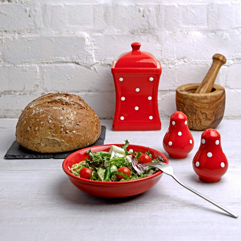 [Australia - AusPower] - Handmade Red and White Polka Dot Ceramic Salt and Pepper Pots, Shakers, Cruet Set, Holder, Housewarming Gift by City to Cottage® 