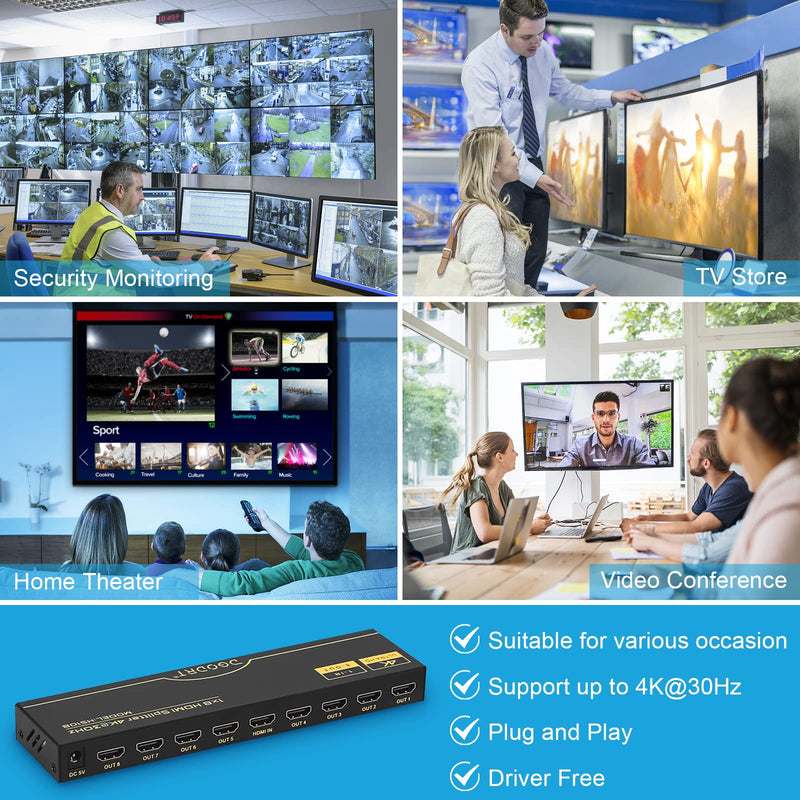 [Australia - AusPower] - DGODRT 4K 1x8 HDMI Splitter, 8 Port HDMI Splitter 1 in 8 Out Powered HDMI Video Splitter Support 4K@30Hz 3D HDCP1.4 Compatible with HDTV, STB, DVD, PS3/4, Projector 