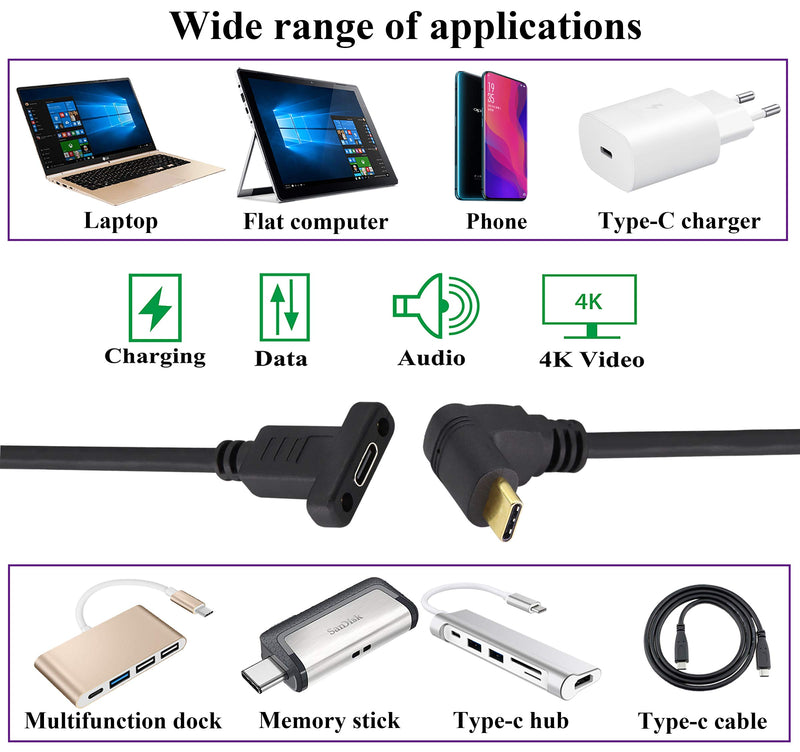 [Australia - AusPower] - AAOTOKK Up&Down Angle 3.1Type C Gen 2 Cable (3A) 90 Degree USB 3.1 Type C Male to Female Panel Mount Screw Cable, Supports Charging,Data,Audio,Video Cable for Laptop,Tablet,Mobile Phone(0.3M/1ft) 0.3M/1ft 
