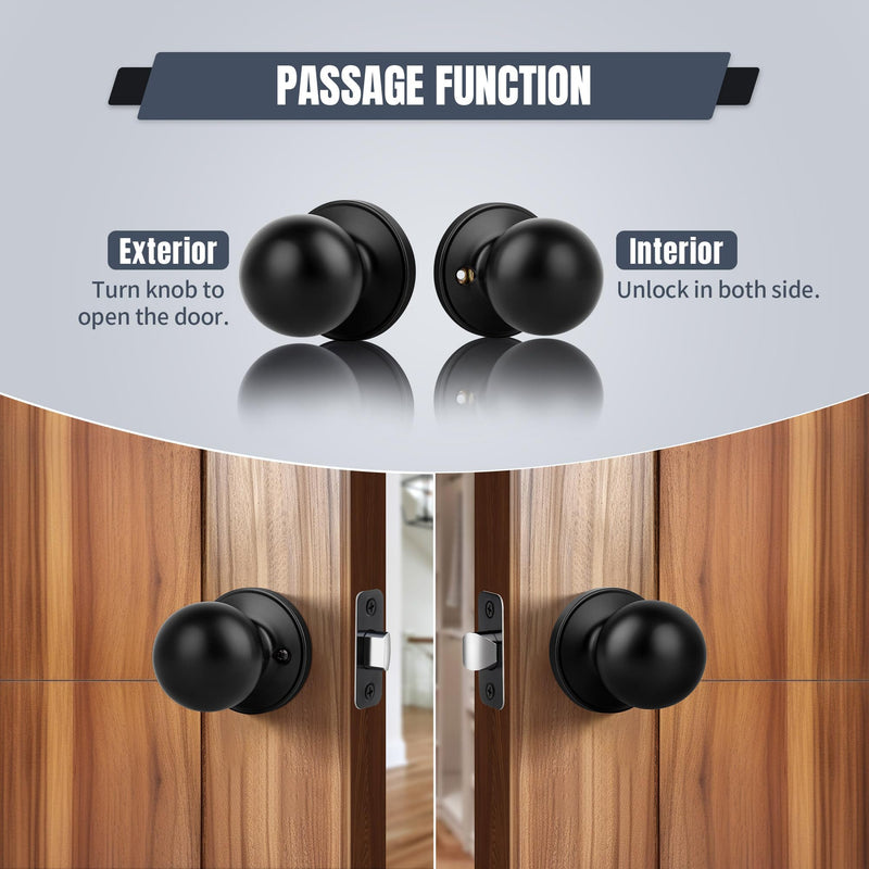 [Australia - AusPower] - Moquin Round Ball Style Passage Door Knob, No Lock Interior Door Knob, Keyless Doorknob for Hall Closet Pantry, Matte Black Finish 1 Pack Passage-NO Lock & NO Key 