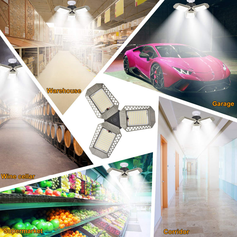 [Australia - AusPower] - 2 Pack LED Garage Lights, 60W 6000LM Deformable LED Garage Ceiling Lights with 3 Adjustable Panels, E26 Super Bright LED Shop Lights for Garage, Warehouse, Basement, Barn Light (2PACK) 2 