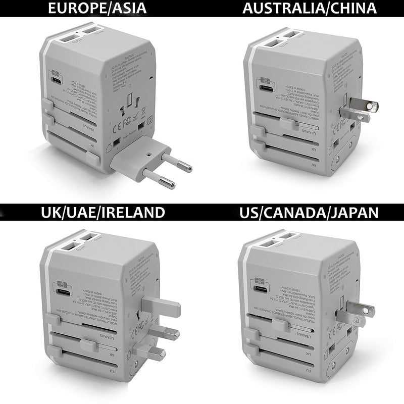 [Australia - AusPower] - Universal Travel Plug Adapter by Ceptics - Powerful 33W with PD & QC 3.0 USB-C Fast Charging - 2 USB Ports Wall Charger Type I C G A Outlets 110V 220V A/C - EU Euro US UK, Model: UP-10KU-W World Adapter W/ USB 