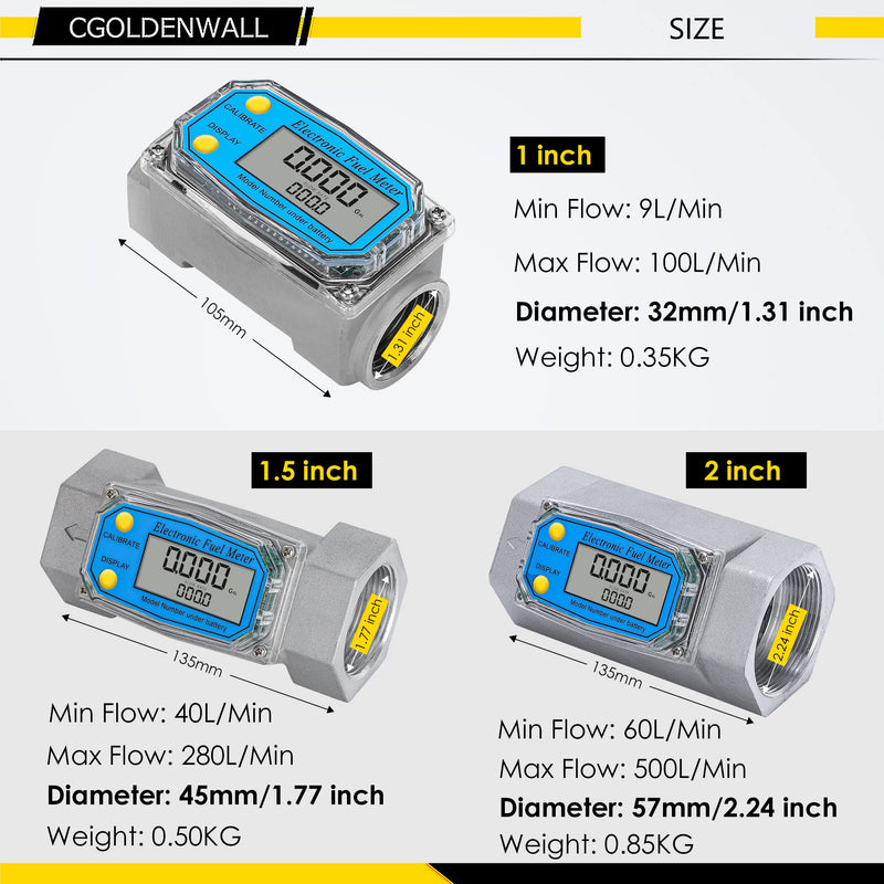 [Australia - AusPower] - CGOLDENWALL Turbine Flow Meter LCD Digital Display Flowmeter with 1.5" Inlet/Outlet, Fuel Flowmeter for Diesel Kerosene Gasoline, Flow Rate Range 10-73.5 GPM (1.5 inch) 1.5 inch 