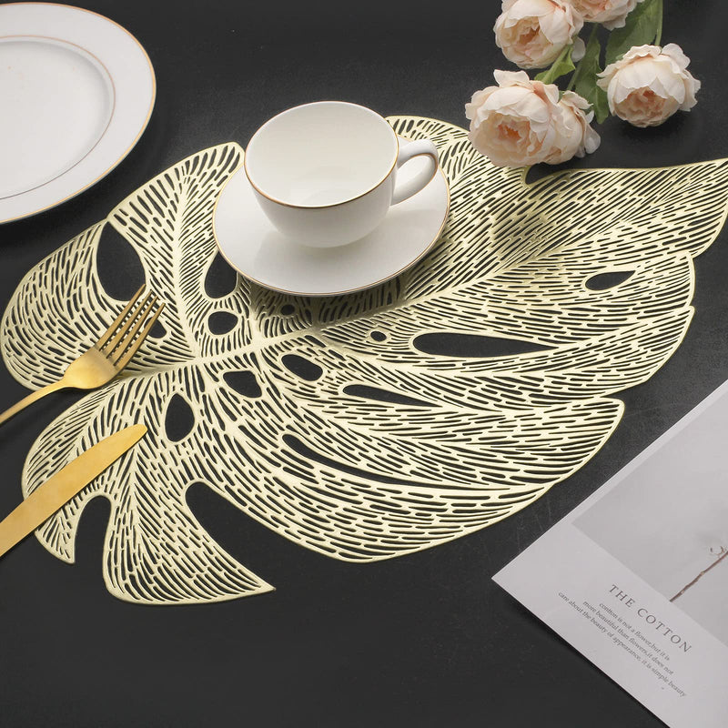 [Australia - AusPower] - Mabbcoo Placemats Set of 6, Hollowed-Out Leaf Place Mats for Dining Table Pressed Vinyl Table Mats for Holiday Party Wedding Accent Centerpiece Dinner Table Decoration (Garden Gold) 6Pcs Leaf 