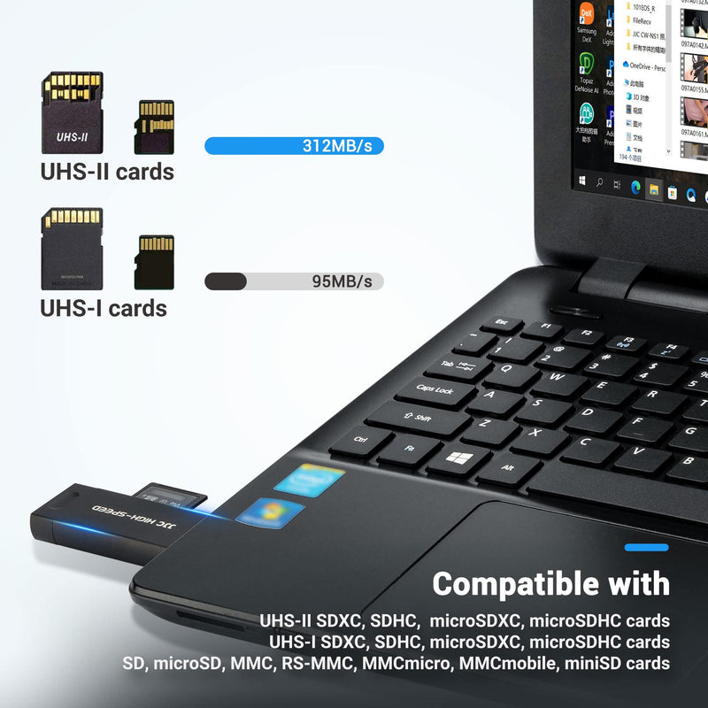 [Australia - AusPower] - JJC UHS-II SD Micro SD Card Reader, 3-in-1 USB 3.1 USB-C Type-C 3.1 Micro USB 2.0 Connection Port, High Transfer Speed up to 312MB/s, Compatible with Computer, Laptop, OTG Enable Phone and Tablet USB 3.1 UHS-II Black 