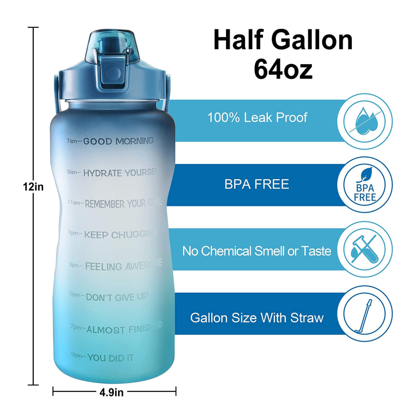 [Australia - AusPower] - 64oz Leakproof Free Drinking Water Bottle with Motivational Time Marker BPA Free for Fitness, Gym and Outdoor Sports (Navy/Green Gradient) 