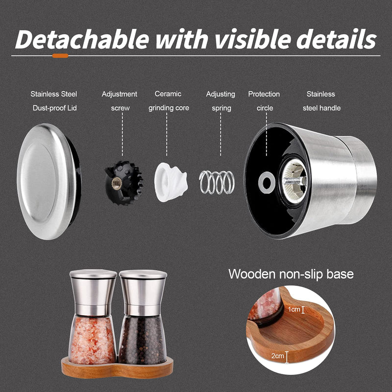 [Australia - AusPower] - LessMo Salt and Pepper Grinder Set with Wooden Standing Tray, Refillable Pepper Mill Set - Brushed Stainless Steel - Short Glass Shakers with Adjustable Coarseness for Peppercorn, Salt or Spice Mill DI 