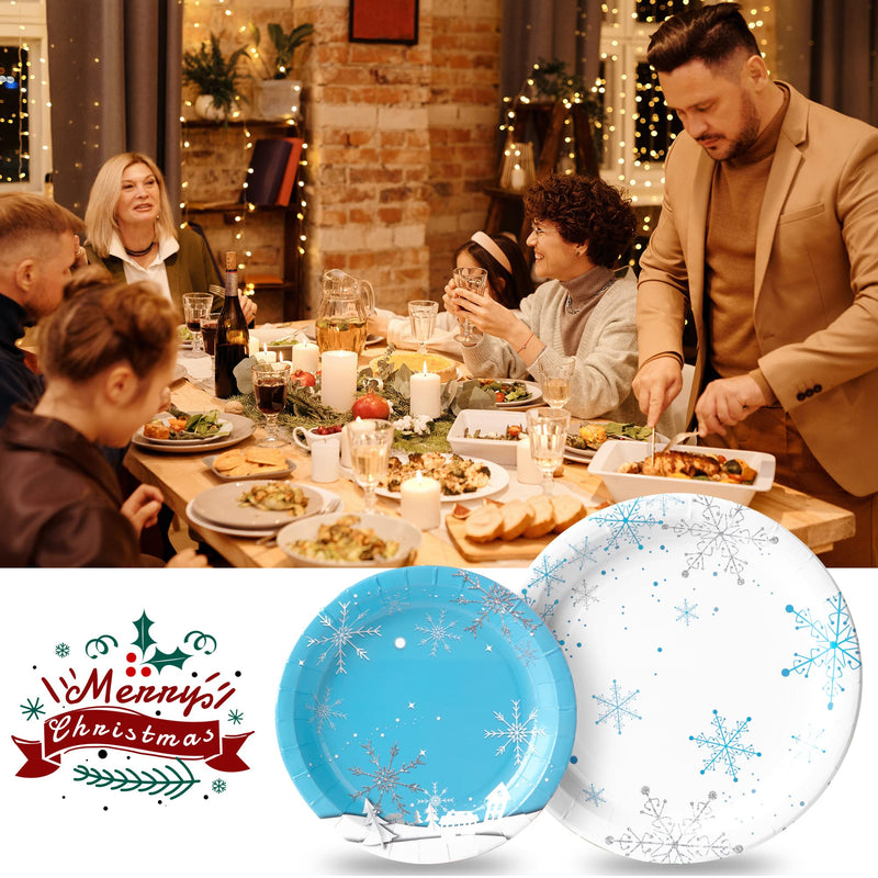 [Australia - AusPower] - Wehhbtye 69PCS Christmas Snowflake Dinnerware Party Supplies-Frozen Winter X’mas Tree Party Decorative Bundle with Paper Plate Napkin Cup Plastic Tablecloth Cover Knife Fork Spoon for Holiday Birthday 