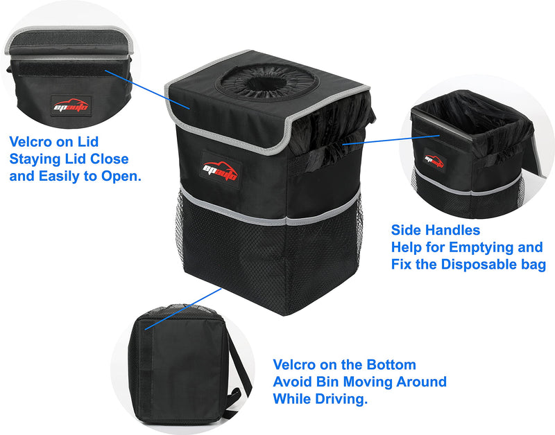 [Australia - AusPower] - EPAuto Waterproof Car Trash Can with Lid and Storage Pockets, Black 