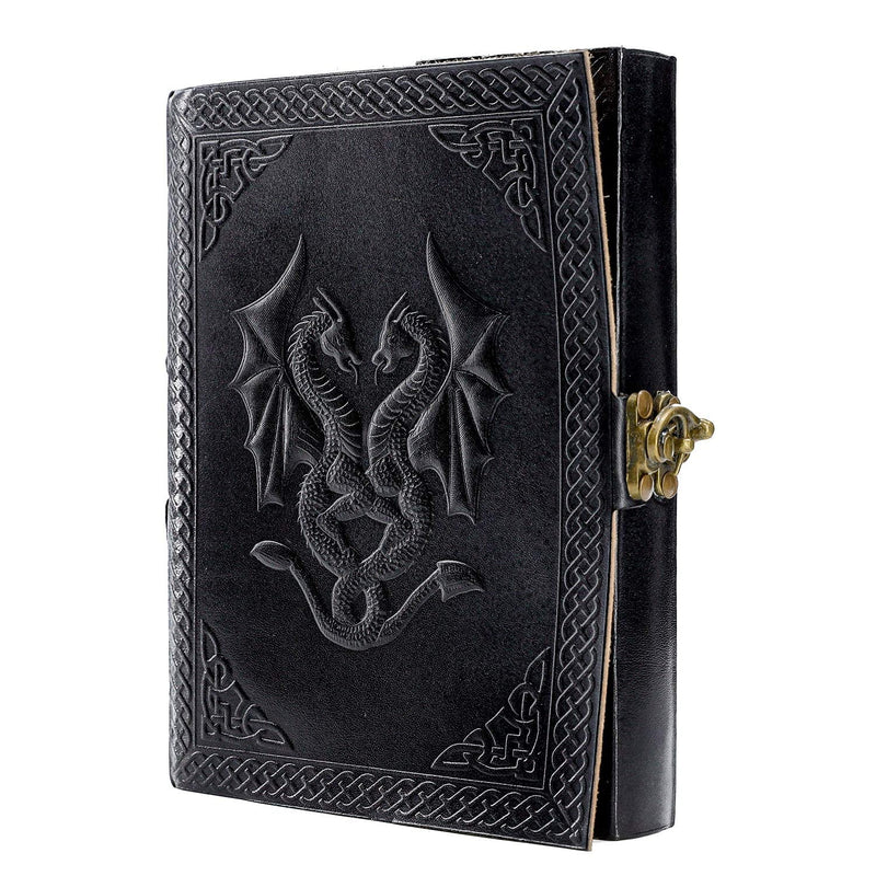 [Australia - AusPower] - Handmade Leather Double Dragon Journal/Writing Notebook Diary/Bound Daily Notepad for Men & Women Unlined Paper Medium, Writing pad Gift for Artist, Sketch (7 X 5, Black) 7 X 5 