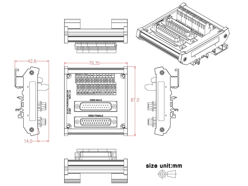 [Australia - AusPower] - Electronics-Salon DB25 D-SUB DIN Rail Mount Interface Module, Male/Female, DSUB Breakout Board. 