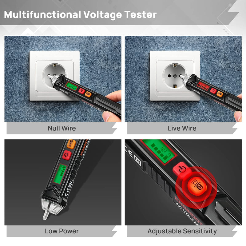 [Australia - AusPower] - Non-Contact Voltage Tester/ Voltage Tester with Dual Range AC 12V-1000V/48V-1000V, Live/Null Wire Tester, ENGiNDOT Electrical Tester with LCD Display & Buzzer Alarm, Wire Breakpoint Finder-VT02(Black) Black 