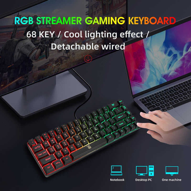 [Australia - AusPower] - Snpurdiri Wired 65% Gaming Keyboard, 68 Keys Mini Keyboard RGB Backlit,More Pratical Arrow Keys and Edit Keys Than 60 Keyboard, for PC/Mac Gamer, Typist, Travel(Black) Black(detachable cable) 