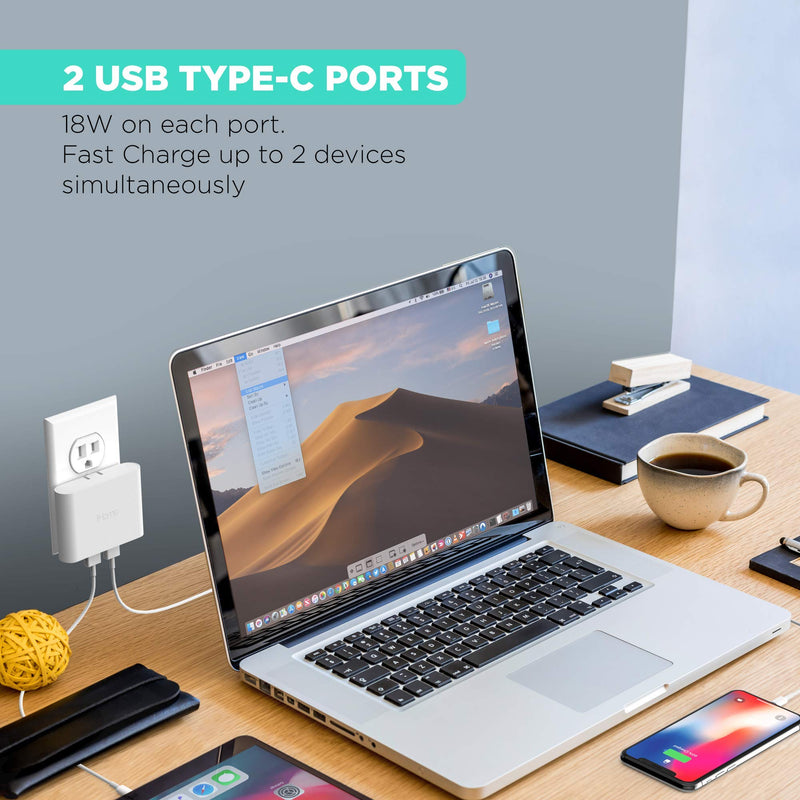 [Australia - AusPower] - iHome 2-Port USB-C Wall Charger, Fast Charger, Foldable Prongs, MagSafe Compatible for iPhone 12, 12 Pro, 12 Pro Max, 12 Mini, SE2, 11, 11 Pro, 11 Pro Max, XR, X/Xs, iPad Pro, AiPods, White 2 Port 