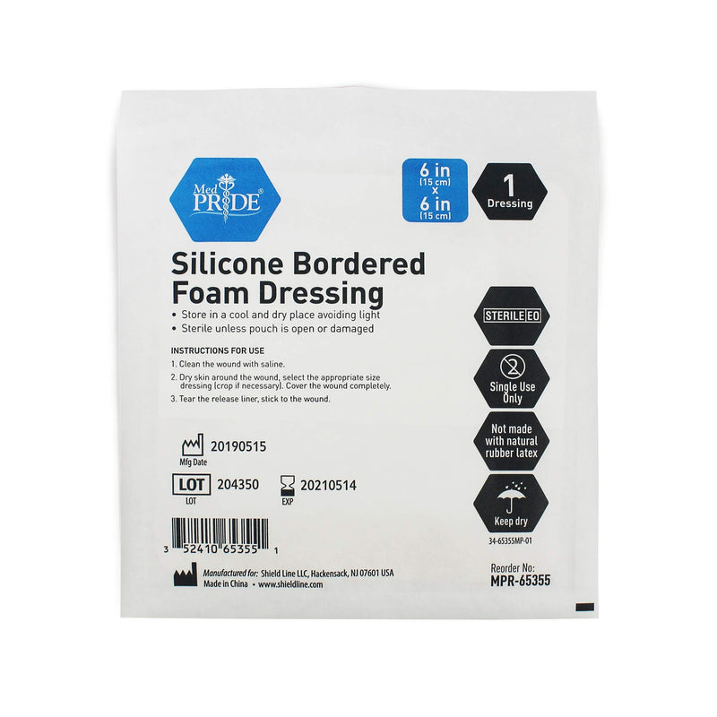 [Australia - AusPower] - Medpride Adhesive Silicone Bordered Foam Wound Dressing Pads- 6 inches by 6 inches, 10 Pack-Trauma Bandaging for Ulcers, Post Op Wounds, Injuries- Individually Wrapped-Sterile, Pain-Free Removal 6x6 Inch (Pack of 10) 