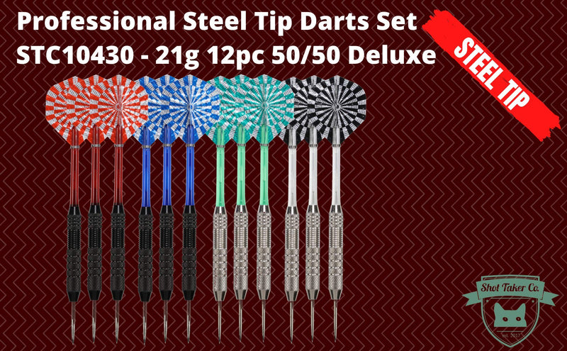[Australia - AusPower] - SHOT TAKER CO. EST. 2017 Professional Steel Tip Darts 12 PC Set | 12 PC Brass Barrels | 12 PC Aluminum Shafts 48mm | 16 PC Flights Standard Shape | 1 Multi-Purpose Dart Tool | 1 Carry Bottle 21g Deluxe 50/50 