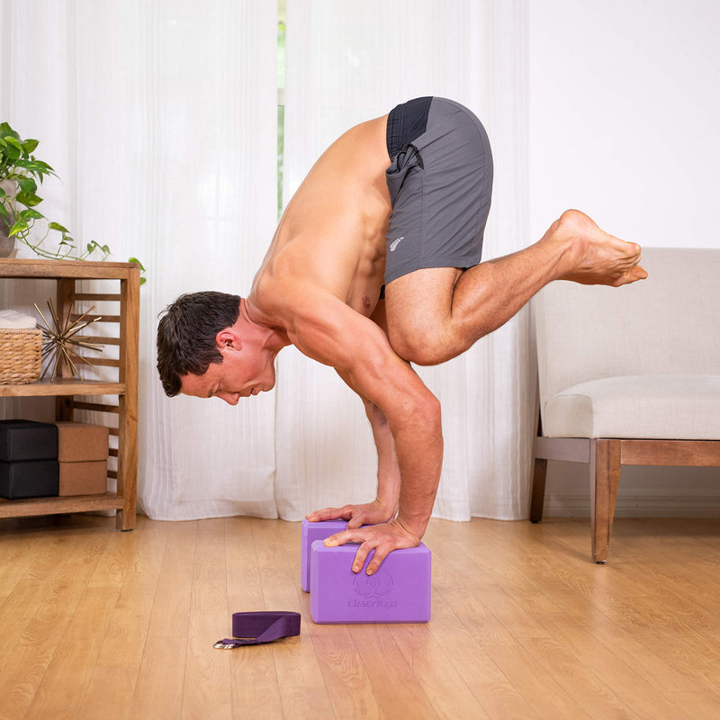[Australia - AusPower] - Clever Yoga Blocks and Strap Set 2 Pack Yoga Blocks Light Weight High Density Foam 9x6x4 Inches and 8FT Thick Cotton Yoga Strap for Beginners and All Yogis Supports All Poses, Flexibility and Posture Black 