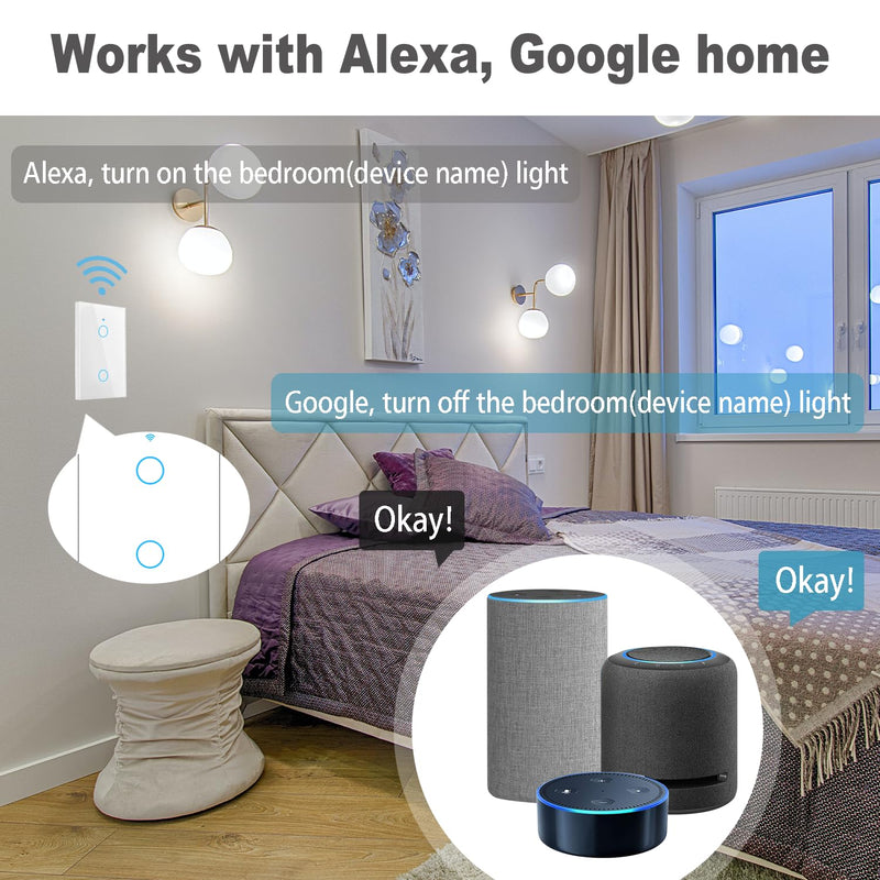 [Australia - AusPower] - LOCIUN 2 Gang White WiFi Smart Light Switch, No Neutral Wire Needed, Tempered Glass Panel, RF433 Remote Control Smart Life/Tuya APP, Touch Switch Work with Alexa & Google Home, US Standard 