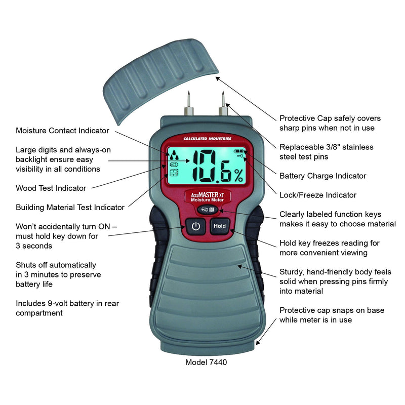 [Australia - AusPower] - Calculated Industries 7440 AccuMASTER XT Digital Moisture Meter | Handheld |Pin Type | Backlit LCD Display | Detects Leaks, Damp and Moisture in Wood, Walls, Ceilings, Carpet and Firewood Pin-Type, Backlit LCD Sensors 