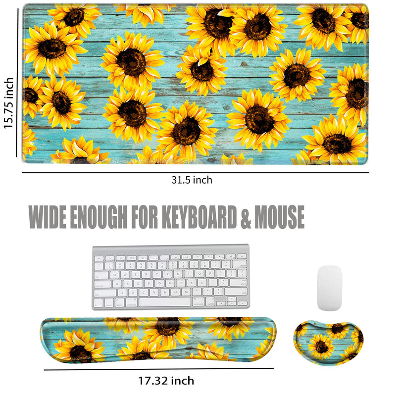 [Australia - AusPower] - Keyboard Wrist Rest and Desk Mats On Top of Desks- Sunflower Desk Pad Wrist Rests for Keyboard and Mouse 31.5" x 15.75" Large Mouse Pad XXL Desk Organization Decor for Women Office Sunflower Teal 