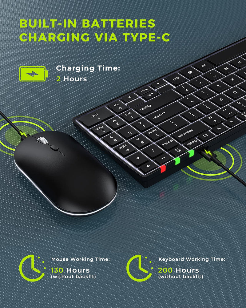 [Australia - AusPower] - Wireless Rechargeable Keyboard and Mouse Combo Backlit, SURPAO Illuminated Ergonomic Keyboard and Mouse Set, 2.4G Ultra-Thin Portable Silent Keyboard Mouse for Computer/Laptops/Windows/Smart TV, Black 