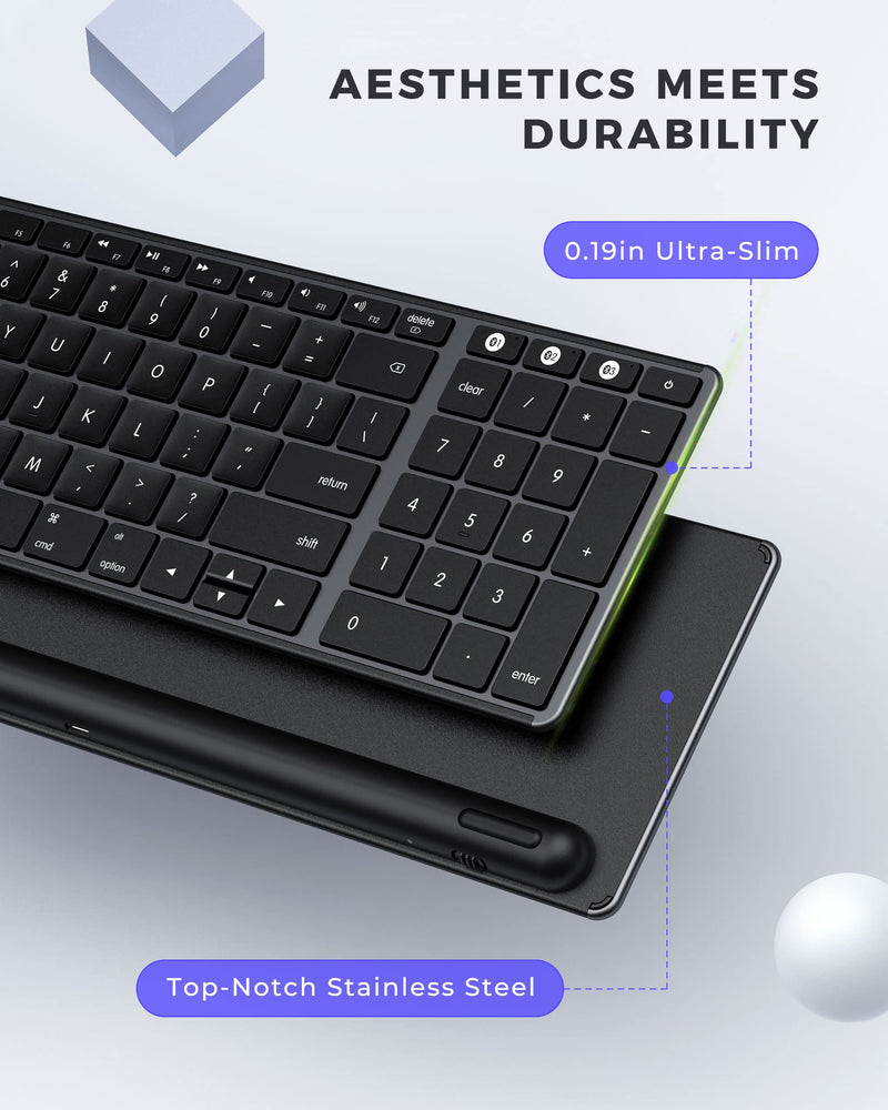 [Australia - AusPower] - seenda Wireless Keyboard Compatible for Mac, Stainless Steel Bluetooth Keyboard Rechargeable Multi-Device Quiet Full Size with Number Pad, Silent Buetooth Keyboard for Mac, iPad OS, iOS, Gray 