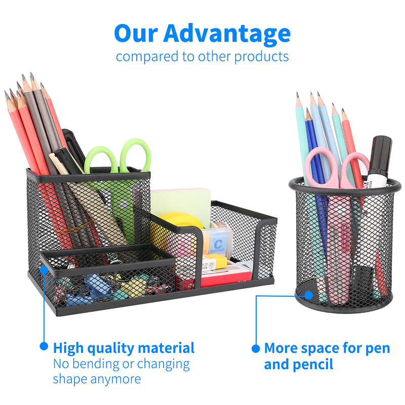 [Australia - AusPower] - Pen Holder Pencil Holders for Desk Pencil Cup,4 Compartments Pen and Pencil Holders,2 Piece Mesh Stationery Organizer for Office Desk,Black Office Supplies Accessory for Desktop Black 