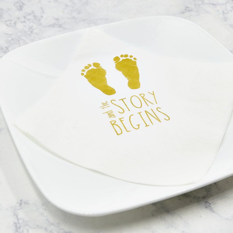 [Australia - AusPower] - Baby Shower Napkins -"And The Story Begins" 100 Gender Reveal Gold Napkins - Large 6.5 x 6.5 Inch 