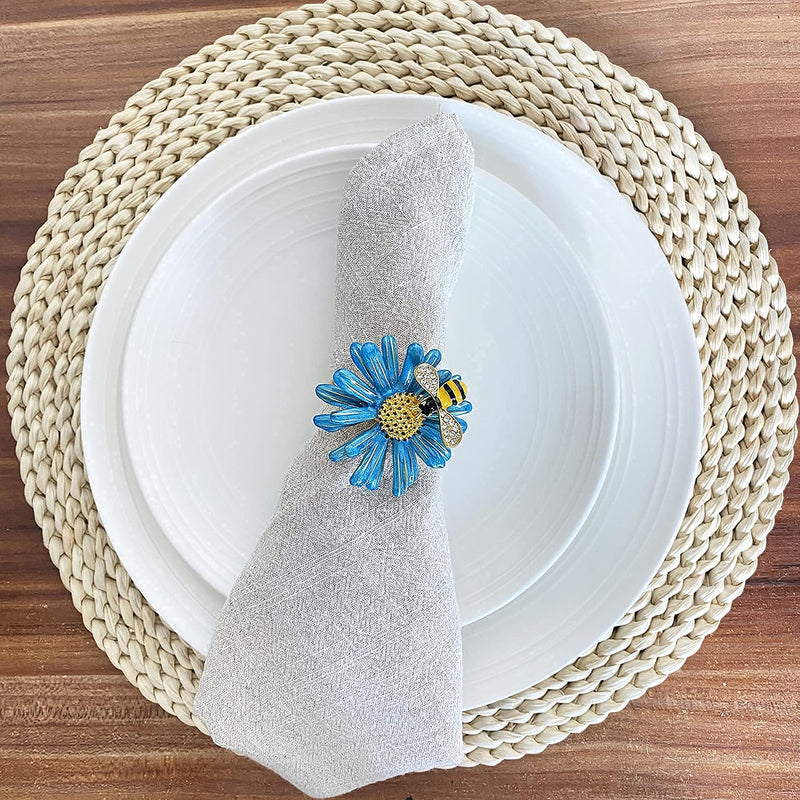 [Australia - AusPower] - Eaferm Set of 6 Bee Napkin Rings Modern Daisy Flower Napkin Holder Tablescape Table Place Setting Party Wedding Dining Decor Accessories (Blue) Blue 