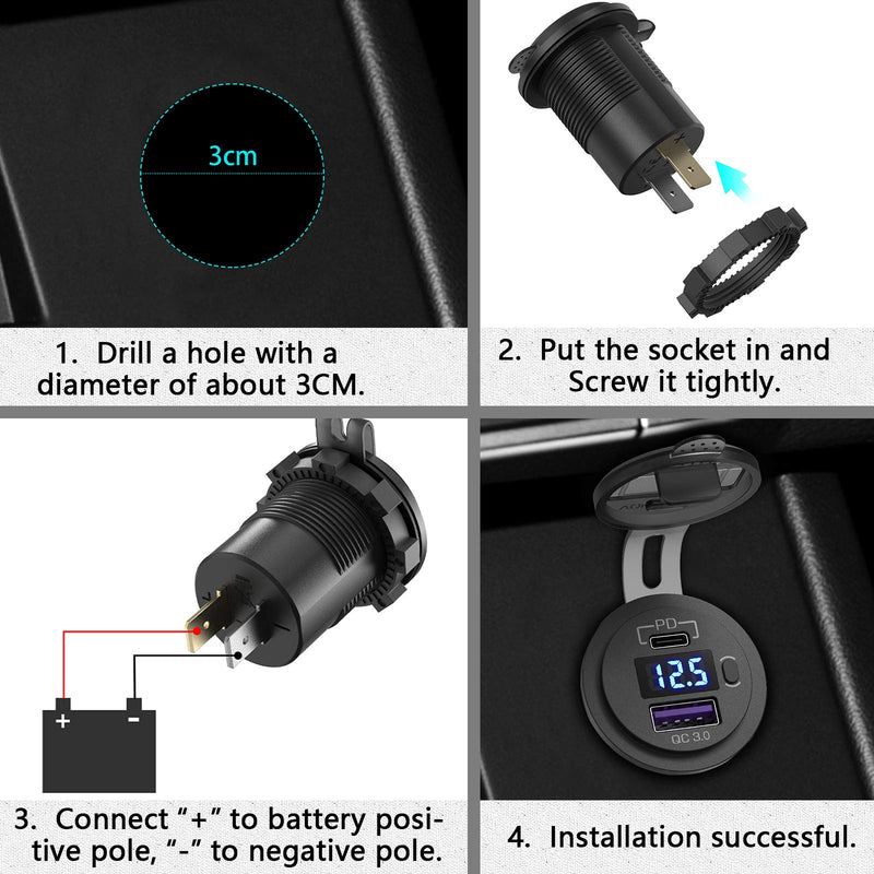 [Australia - AusPower] - USB C Car Charger Socket, Qidoe 12V/24V Dual USB Outlet PD3.0 & QC3.0 Car USB Port with LED Voltmeter and ON/Off Switch DIY Car Socket for Car Boat Marine Bus Truck Golf RV Motorcycle 