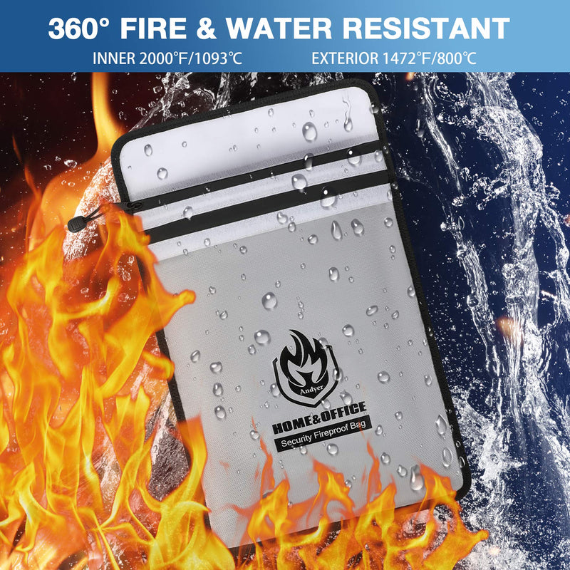 [Australia - AusPower] - Upgraded Two Pockets Fireproof Document Bag (2000℉), andyer 15”x 11”Waterproof and Fireproof Money Bag with Zipper, Fire Safe Storage for Valuables,Money,Jewelry,Legal Documents,File and Tablet Grey 