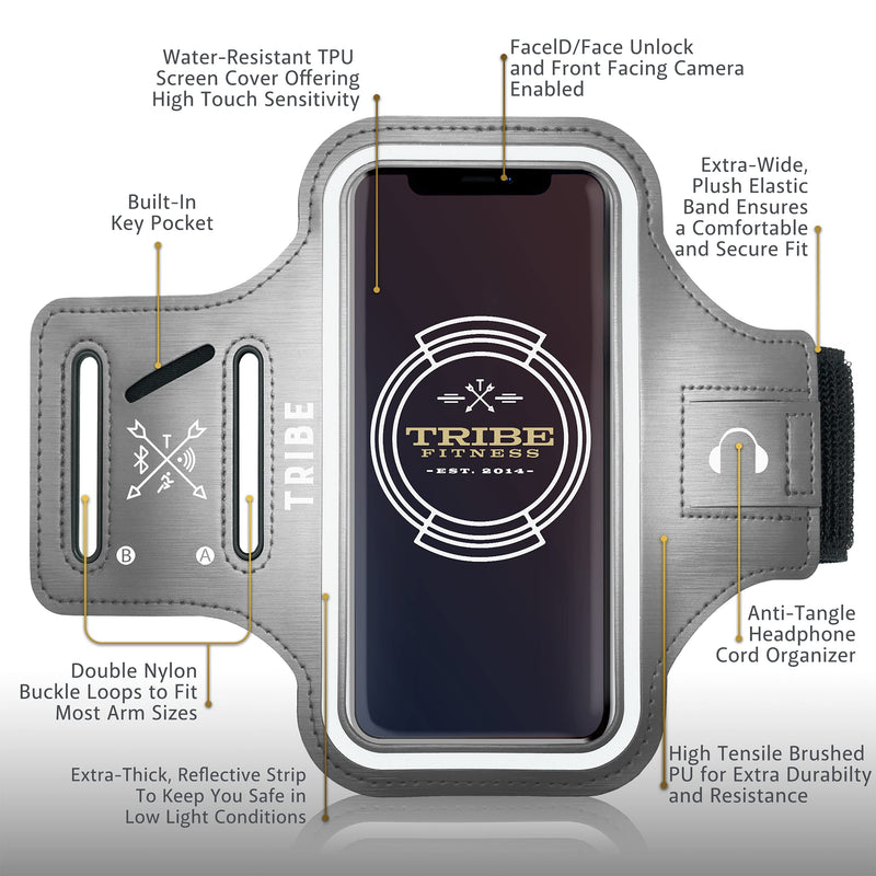 [Australia - AusPower] - TRIBE Water Resistant Cell Phone Armband Case Running Holder for iPhone Pro Max Plus Mini SE (13/12/11/X/XS/XR/8/7/6/5) Galaxy S Ultra Plus Edge Note (21/20/10/9/8/7/6/5) Adjustable Strap & Key Pocket Grey L: iPhone+/Pro Max/XR/XS Max/Galaxy+/Ultra/Note 