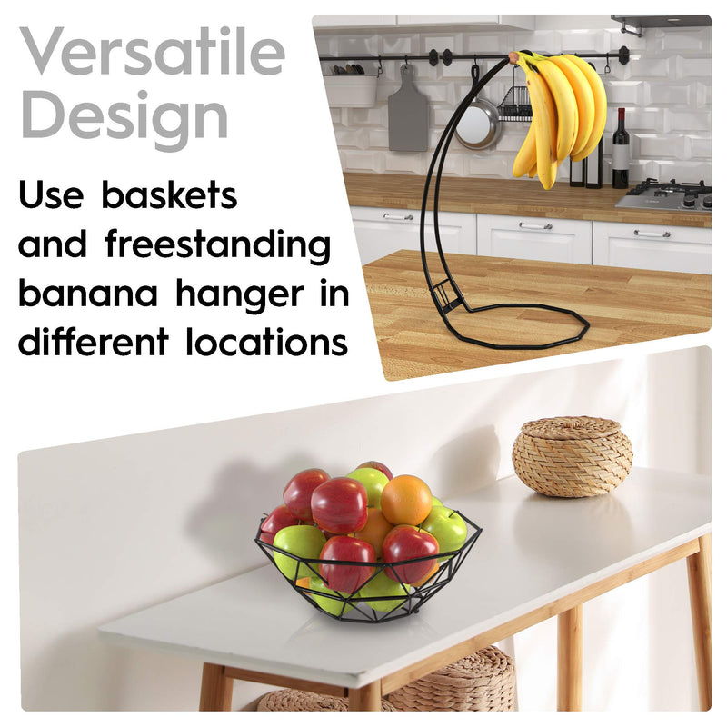 [Australia - AusPower] - Fruit Basket with Banana Hanger (Black, 1-Tier), Fruit Bowl with Banana Holder, Fruit Bowl for Kitchen Counter used as Bread Basket, Vegetable Basket, Fruit Stand or Egg Holder with Banana Tree Black 