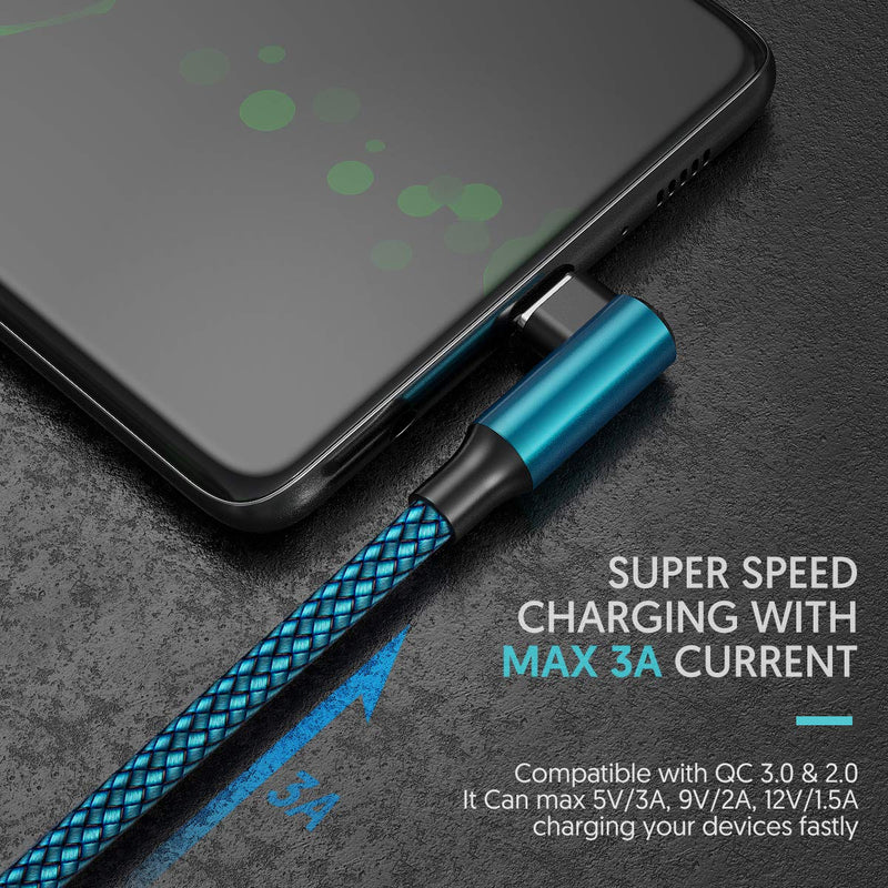 [Australia - AusPower] - USB C Cable, geekboy Right Angle Type c Charger [2-Pack 10ft], Durable Nylon Braided USB A to Type C Charger Cable for Samsung S22 Ultra/S21 Plus/S20, Note 10 and Other USB C Charger(Cyan) Cyan 2 Pack 